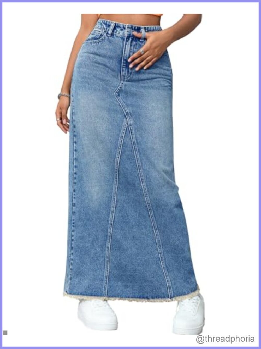High Waisted Maxi Denim Skirt Frayed Raw Hem A-Line Long Jean Skirt with Pockets